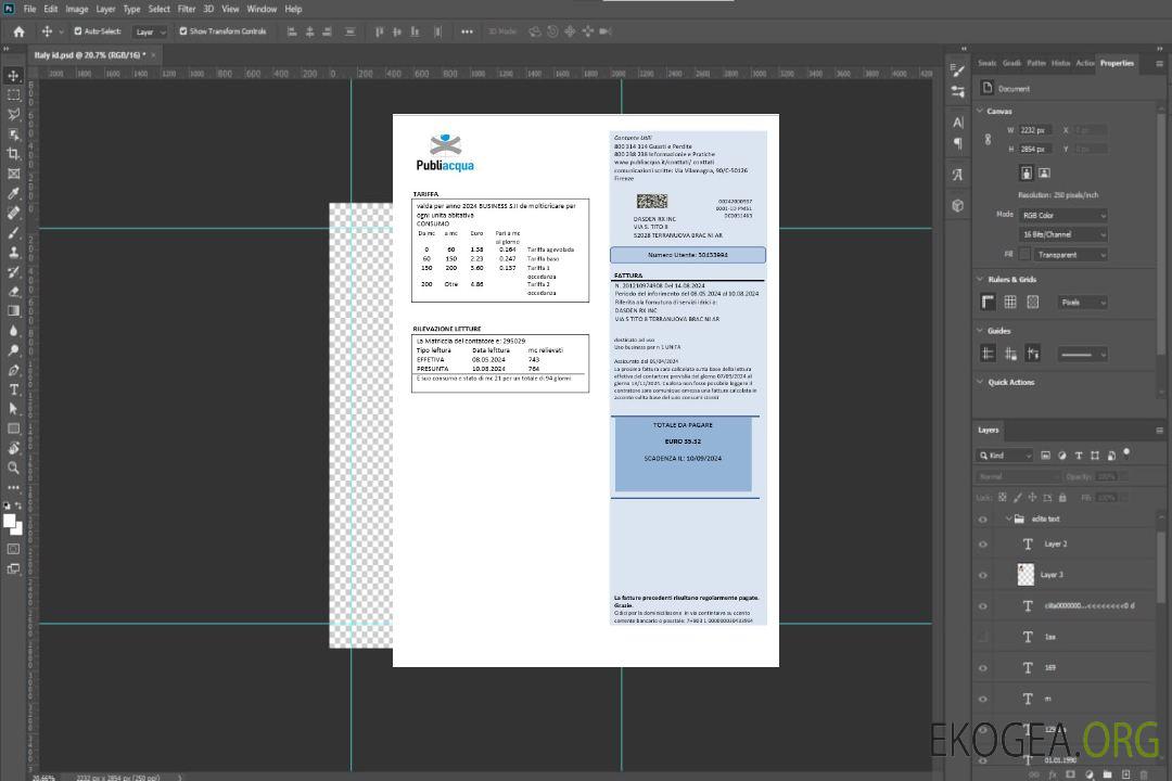 Modèle de facture de services publics d'entreprise Italie Publiacqua au format Word et PDF template